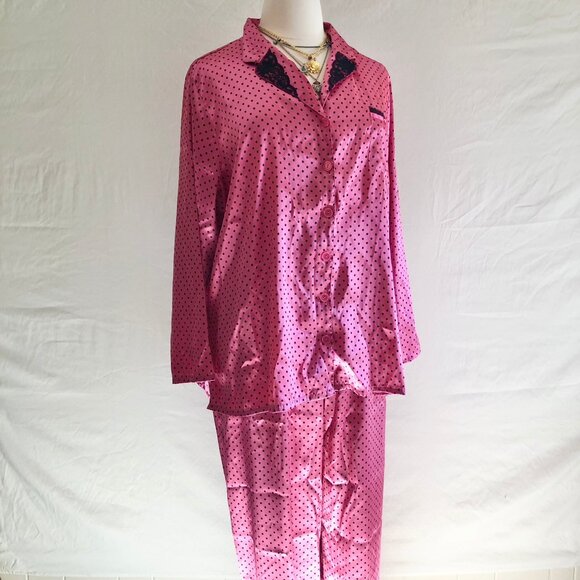 Vintage Polkadot Satin Pajama's Rose Pink - Picture 3 of 7